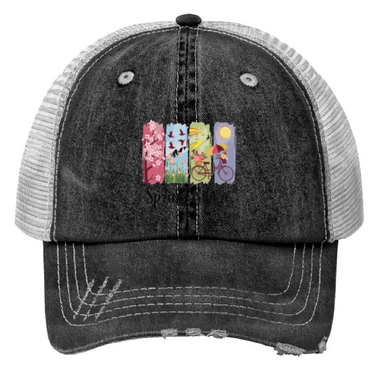 Spring Magic – Flowers, Bicycle & Nature Print Trucker Hats