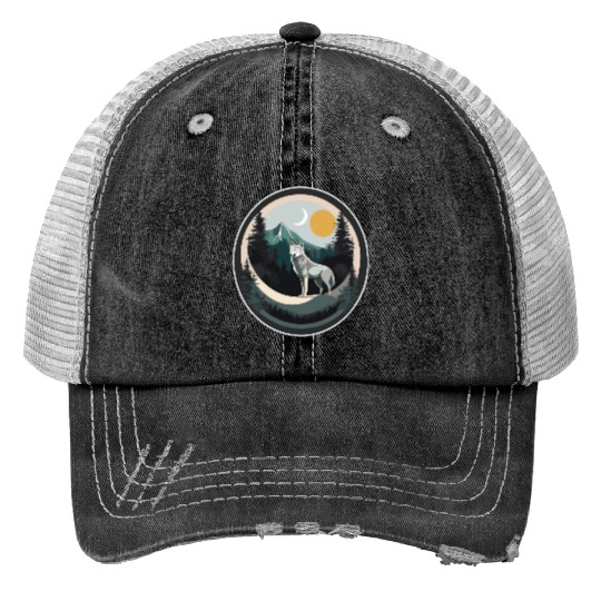 Lone Wolf Under Moonlit Sky Print Trucker Hats