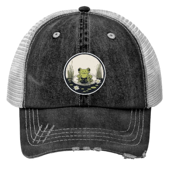 Serene Frog in a Tranquil Pond Print Trucker Hats