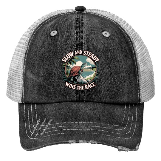 Slow And Steady Turtle Wins The Race Illustration Print Trucker Hats