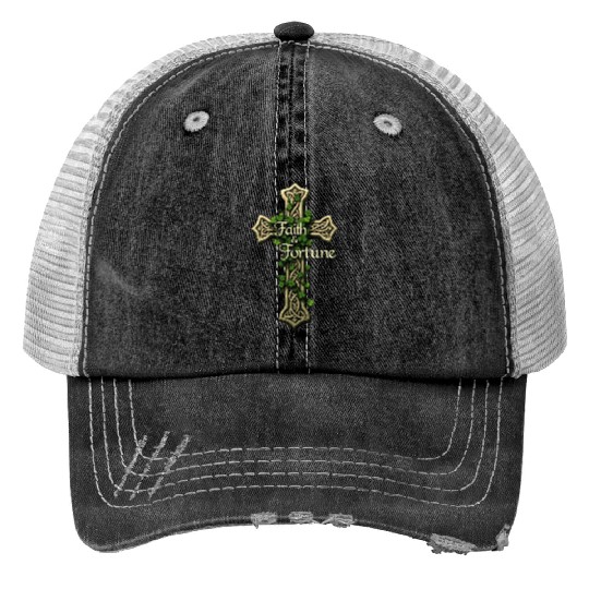 Celtic Cross Faith & Fortune Shamrock Design Print Trucker Hats