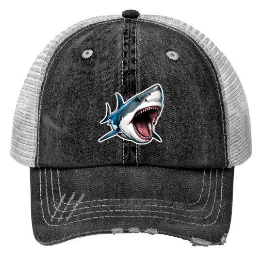 Big White Shark Attack Print Trucker Hats