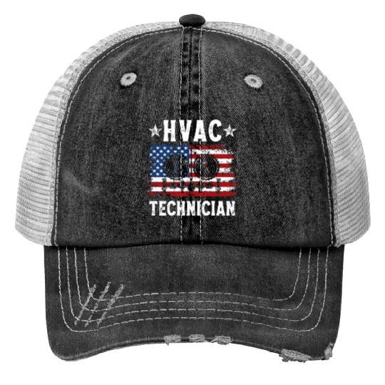 HVAC Technician Patriotic US American Flag Print Trucker Hats