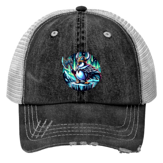 Viking Penguin with Axe Under Northern Lights Print Trucker Hats