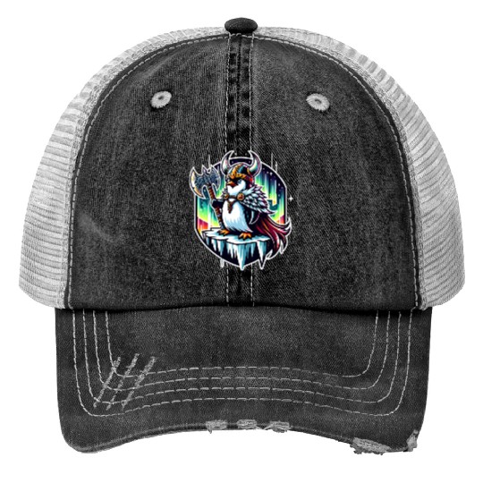 Viking Penguin Conquering Northern Lights Print Trucker Hats