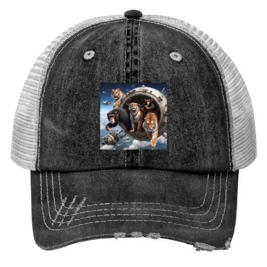 Tigers and chimpanzees and bears spacecraft Print Trucker Hats