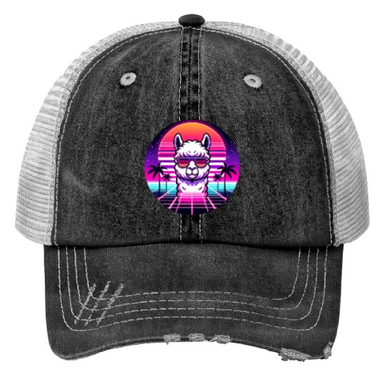 Retro Cool Llama with Neon Sunset Vibes Print Trucker Hats