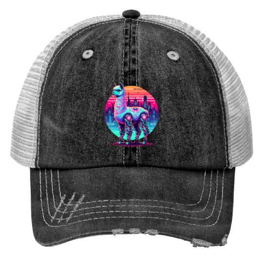 Futuristic Cyber Llama in Neon Cityscape Print Trucker Hats