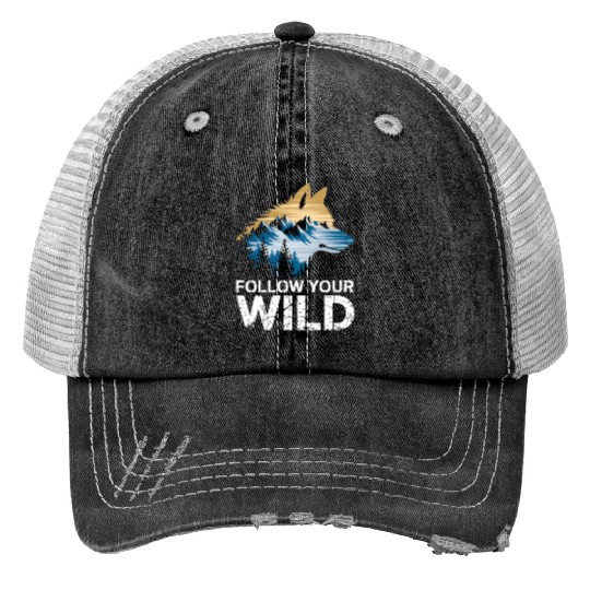 Follow Your Wild Adventure Mountain Wolf Print Trucker Hats