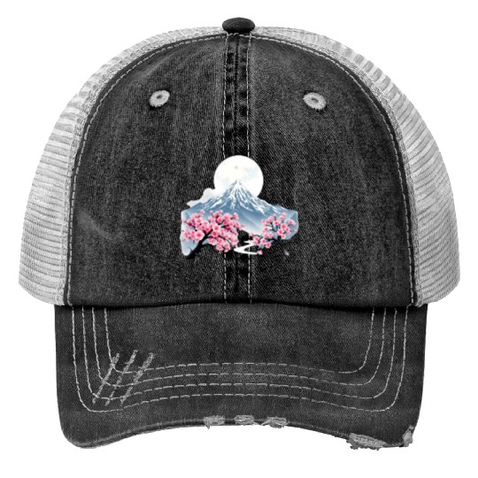 Japanese mount fuji Sakura tree Cherry blossom Print Trucker Hats