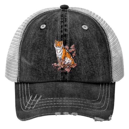 Cherry Blossom Tiger Print Trucker Hats