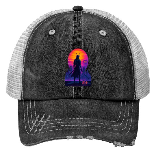 Neon Samurai - Cyberpunk Warrior Art Print Trucker Hats