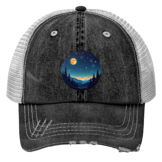Starry Night Mountain Print Trucker Hats