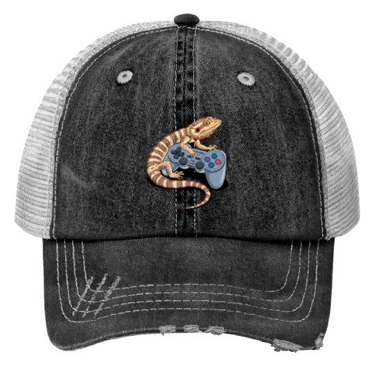 Video Gaming Gamer Pogona Reptile Bearded Dragon Print Trucker Hats