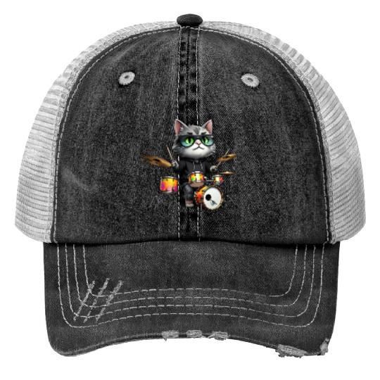 Gray Cat with Neon Drums Print Trucker Hats