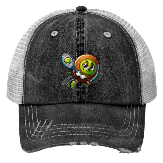 Kiwi Tennis Star – Furry Fruit Champion on Court Print Trucker Hats