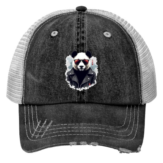 Cool Panda with Sunglasses & Leather Jacket Print Trucker Hats