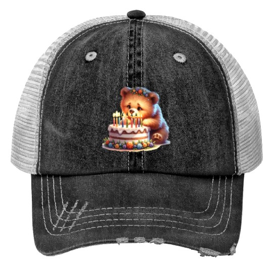 Birthday Bear – Cute Candle Cake & Floral Crown Print Trucker Hats