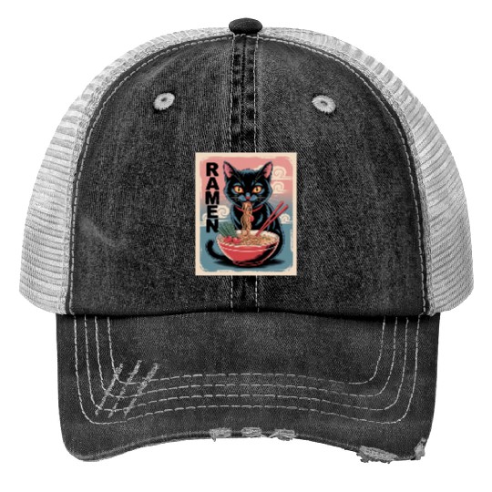 Ramen Cat Japanese Style Print Trucker Hats