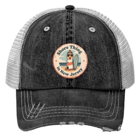 Beach Vibes_ New Jersey Shore Lighthouse Vintage Print Trucker Hats
