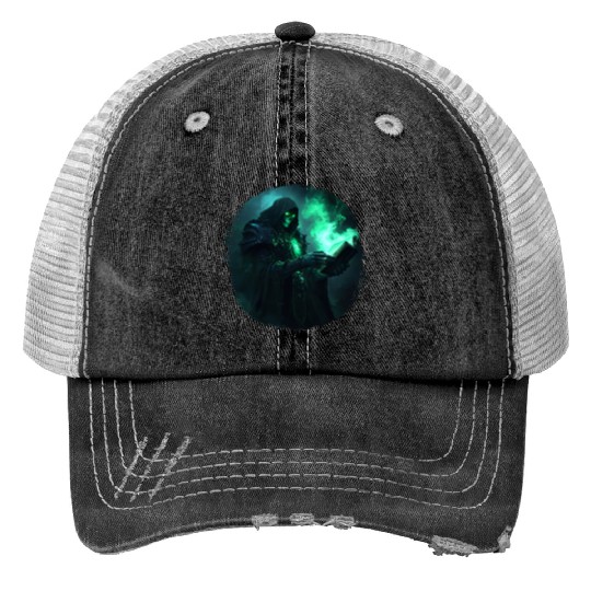 Green Shadow Mage with Burning Spell Book Print Trucker Hats