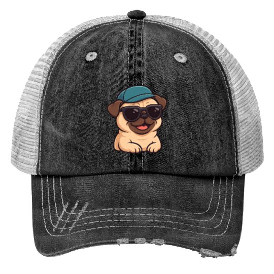 Cool pug with sunglasses summer joy cartoon Print Trucker Hats