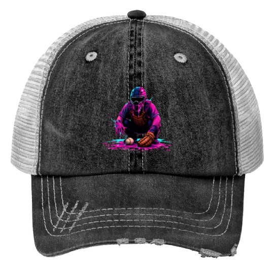 Neon Baseball Catcher Art Cool Vaporwave Sports Print Trucker Hats