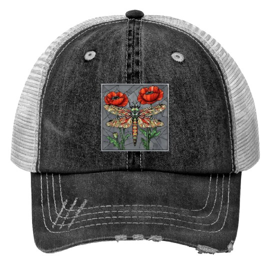 Dragonfly stained glass design vibrant poppy eye Print Trucker Hats