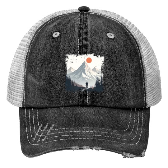 Serene Mountain Wilderness Scene Print Trucker Hats