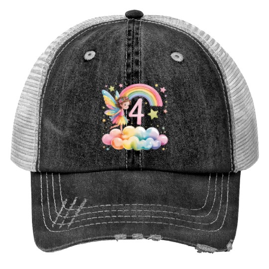 Magical Rainbow Fairy Elf 4th Birthday Girl Print Trucker Hats
