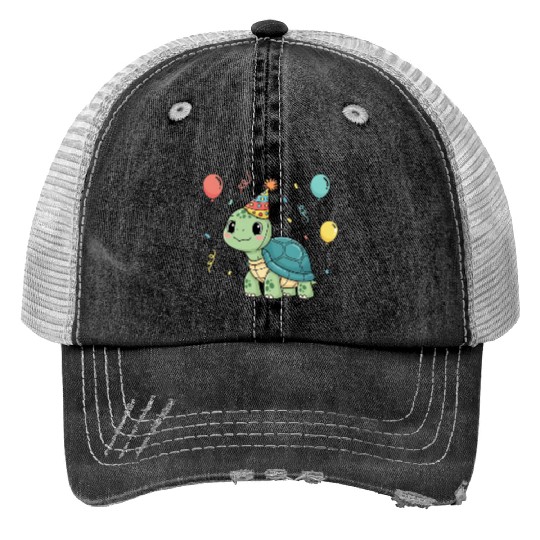 Turtle Wearing a Party Hat Print Trucker Hats