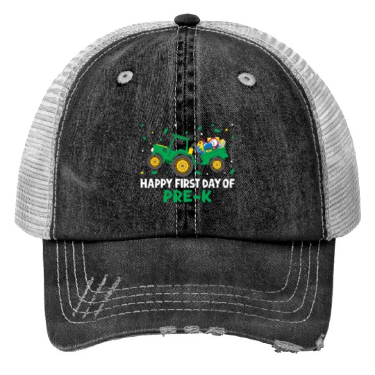 Tractor Happy First Day Of Pre-K School Farm Kids Print Trucker Hats