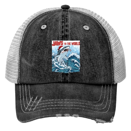 Jaws to the World – Christmastime Shark Attack Print Trucker Hats
