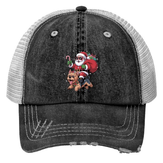 Santa Claus Yorkie Dog Christmas In July Print Trucker Hats