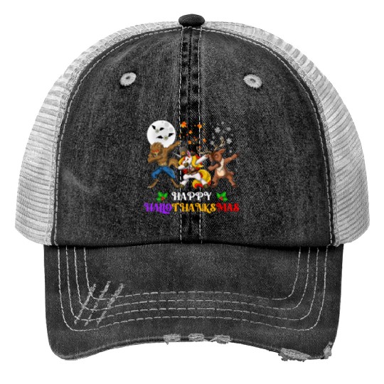 Happy Hallothanksmas Dabbing werewolf Unicorn Deer Print Trucker Hats