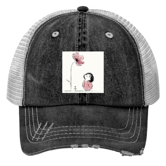 Whimsical Girl with Blossom Print Trucker Hats