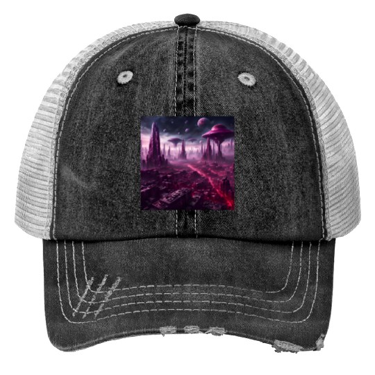 Sci-Fi Future World And Alien City in Neon Pink Print Trucker Hats