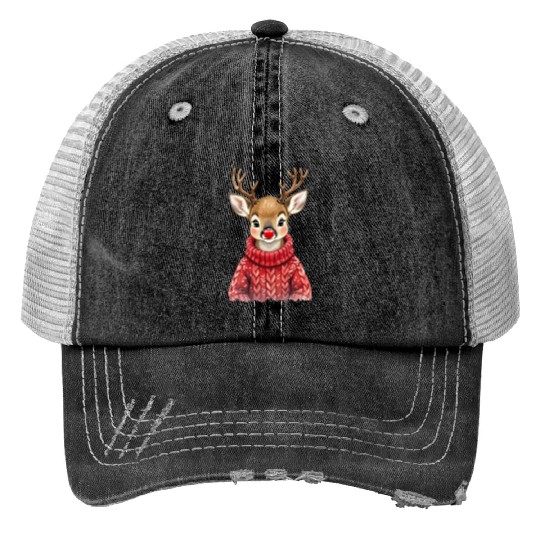 Festive Reindeer with Red Nose Sweater Print Trucker Hats