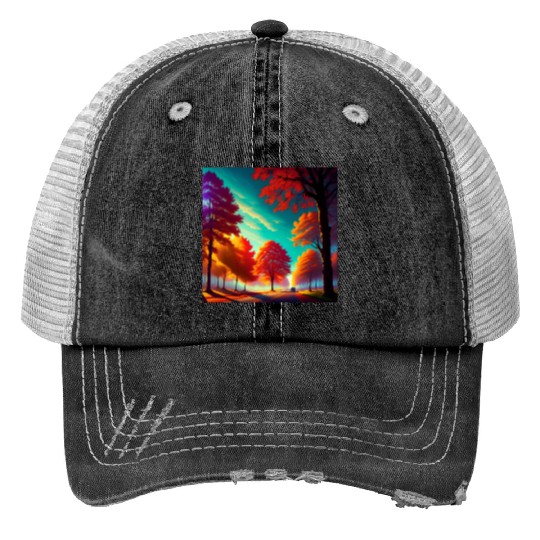 Vivid Autumn Tree Landscape Print Trucker Hats