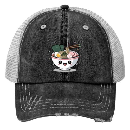 Cute Kawaii Ramen Bowl and Happy Sushi Friends Print Trucker Hats
