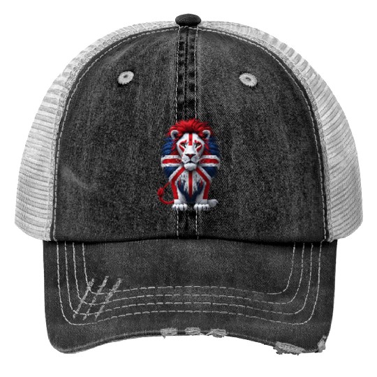 British Lion with Union Jack Flag Graphic Design Print Trucker Hats