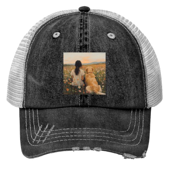 Serene Sunset with Girl and Dog Artwork Print Trucker Hats