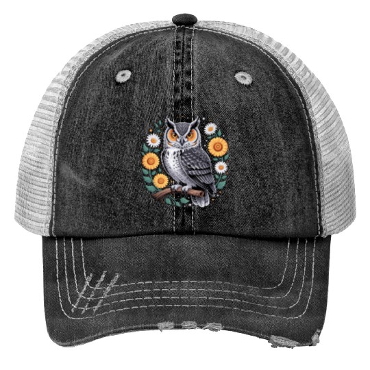 Floral Owl With Flowers And Blossoms Print Trucker Hats