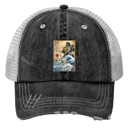 Legendary Dragon Mecha with Ocean Waves Print Trucker Hats