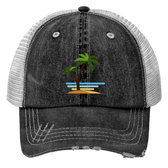 Tropical Beach Palm Scene Print Trucker Hats