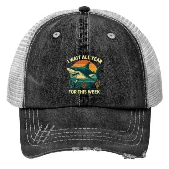 Shark Retro Sunset Bold Ocean Predator  Print Trucker Hats