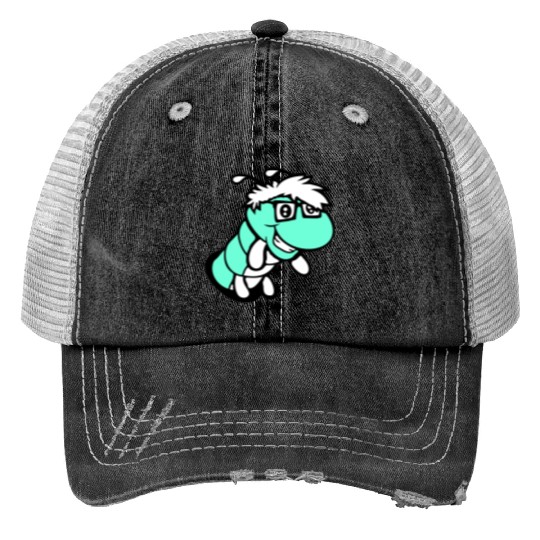Nerd caterpillar peeks through hole Geek worm cool Print Trucker Hats
