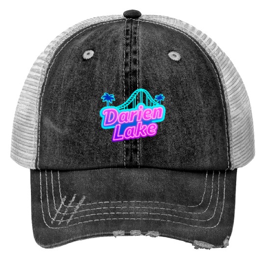 Neon Daren Lake Sign with Roller Coaster and Palms Print Trucker Hats