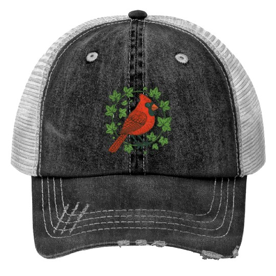 Vibrant Cardinal Amidst Ivy Leaves Print Trucker Hats