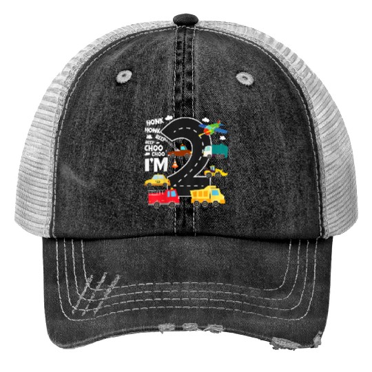 Kids Birthday 2 Traffic Vehicles Number Two Design Print Trucker Hats